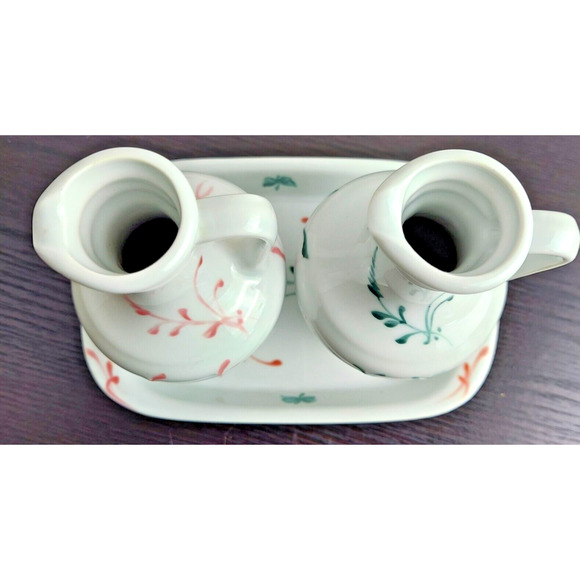 Limoges France Pottery Cruet Set Oil Vinegar Hand Painted Fluers Tray Pink Green - Picture 5 of 9